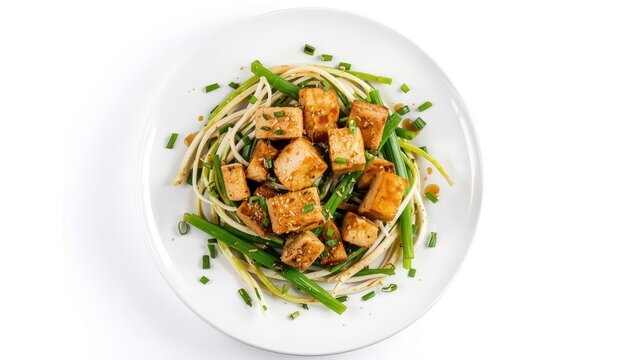 Tofu and bean sprouts saut&eacute;ed on a white plate. Nutritious dish. Bird's-eye view.