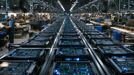 Fototapeta premium Scalability in manufacturing shown through an aerial view of growing rows of identical assembled units on a factory floor, quality control staff in hard hats moving between rows with clipboards, ind