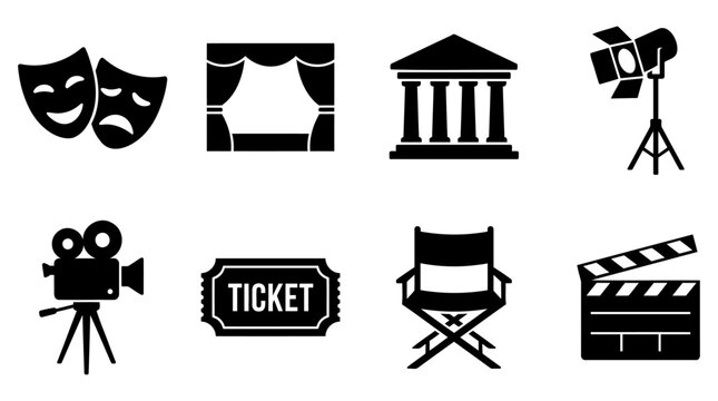 Collection of black vector icons representing various entertainment industry elements including theater masks cinema production equipment and classic stage performance symbols