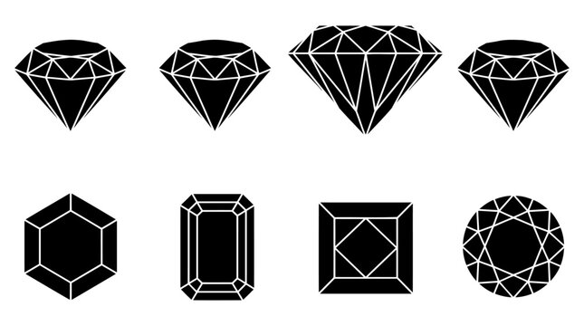 Set of black diamond icons featuring various geometric cuts and shapes for luxury jewelry design and high end fashion branding