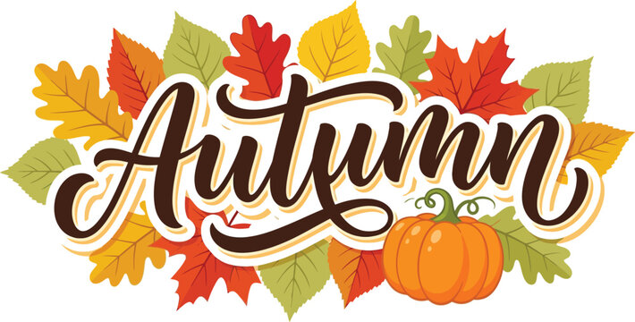Autumn calligraphy script word art with colorful fall leaves and pumpkin