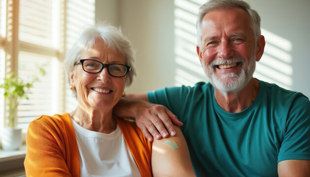 Happy senior couple displays band-aids on arms after receiving COVID-19 vaccine shots. They smile confidently showing their commitment to health and pandemic prevention. The pair supports each other.