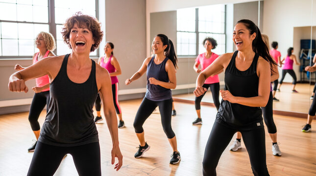 Diverse group of women enjoying a lively dance fitness class together