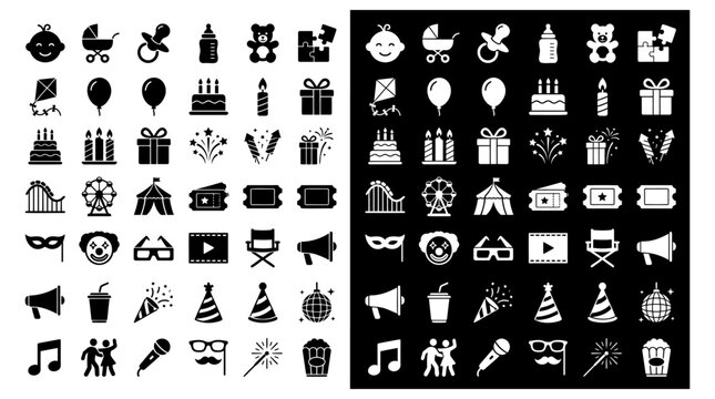 Collection of diverse party and celebration icons featuring festive elements and entertainment symbols presented in a clean vector graphic style