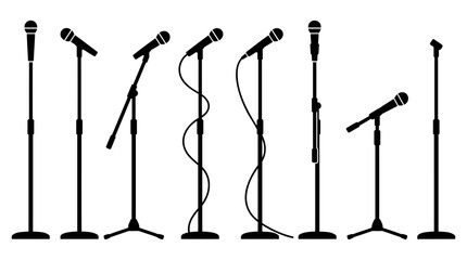 Set of professional microphones on adjustable stands captured as a clean black vector illustration for your creative audio media project © Vectscape