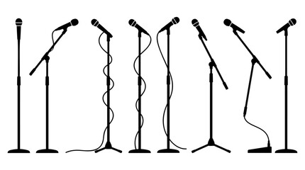 Multiple black silhouettes of microphones on various stands presented as a collection of professional audio equipment for live music performance © Vectscape