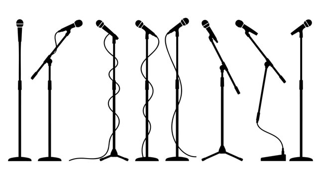 Multiple black silhouettes of microphones on various stands presented as a collection of professional audio equipment for live music performance
