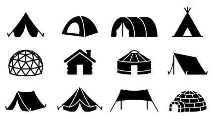 Collection of diverse camping tents and temporary shelters displayed as a set of flat black vector icons for outdoor usage © Vectscape