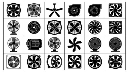 Collection of diverse industrial and residential ventilation fan icons presented as a clean set of black and minimal vector graphics © Vectscape