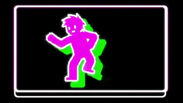 Pixelated human-like figure in vibrant magenta with white outline and green shadow performs high-energy dance on black background, retro 8-bit pixel art animation. Energetic retro arcade gaming