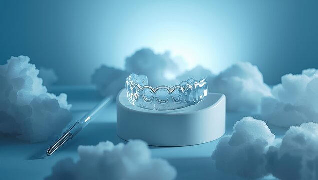 Personalized clear dental night guard for sleep, bruxism, and teeth grinding protection, orthodontic device on teeth model, blue backdrop.