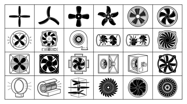 Collection of diverse industrial and residential ventilation fan icons featuring various blade styles and mechanical designs for modern cooling systems