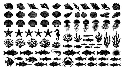 Diverse collection of marine life silhouettes featuring various fish species corals jellyfish crabs and seashells for creative design project usage © Vectscape