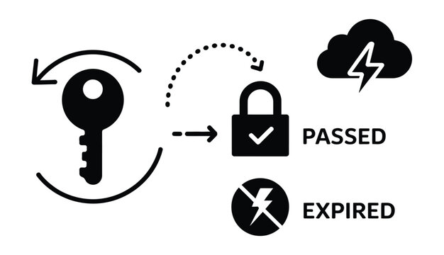 Security verification vector icons, cloud authentication key locator and access control symbols with approved and expired status indicators.