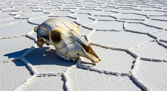 Isolated sheep skull on a vast white hexagonal salt flat landscape