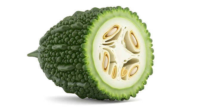 Isolated cross-section of a ripe bitter gourd with seeds and pulp, white background