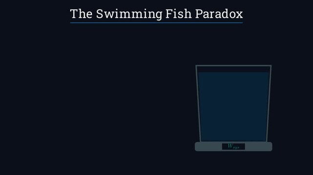 2D physics animation of a fish resting on the bottom of a bucket of water, demonstrating normal force and hydrostatic pressure simulation.