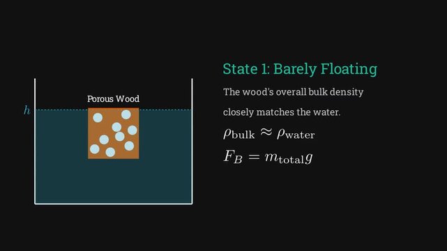 2D physics animation of porous wood floating in an open container showing water absorption and fluid mechanics buoyancy changes.