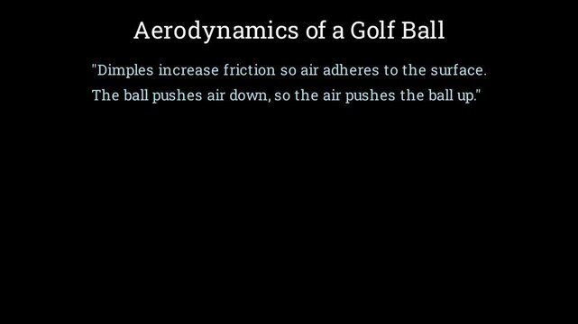 Physics simulation visualizing the aerodynamics of a spinning golf ball showing air flow, dimple effect, and lift force vector, 2D animation
