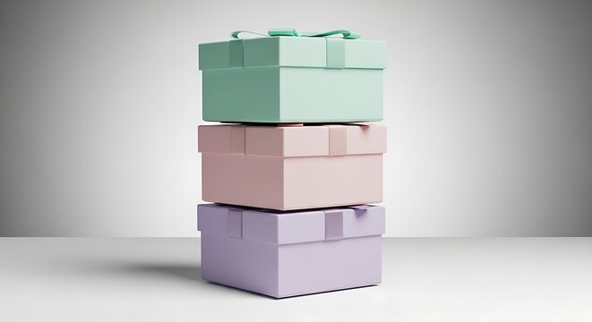 Stacked pastel gift boxes with ribbon tied on top, clean white background