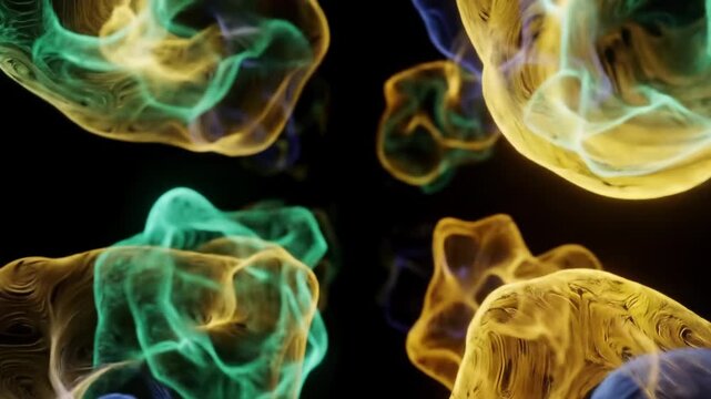 Mesmerizing abstract fluid simulation with golden yellow, purplish blue, emerald green organic shapes pulsating and flowing. Smooth drifting dolly video in dark void. Concept of hypnotic futuristic