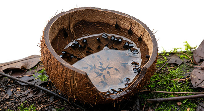 Tiny Tadpoles Developing in a Coconut Shell Isolated in Nature