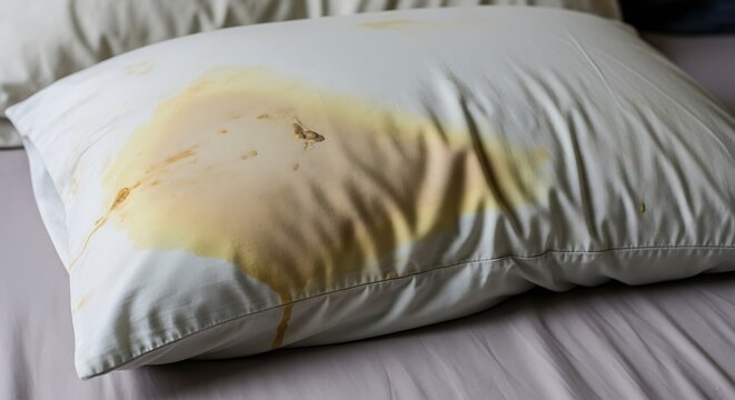 Stained pillow with dark liquid spill, a messy, uncomfortable bedroom scene
