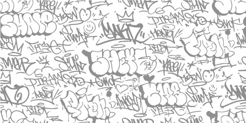 Fototapeta premium Black and white street art graffiti pattern with various tags and bubble letters
