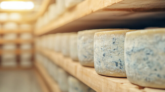 Wheels of cheese aging on wooden shelves in a cellar, showcasing the traditional cheese maturation process.