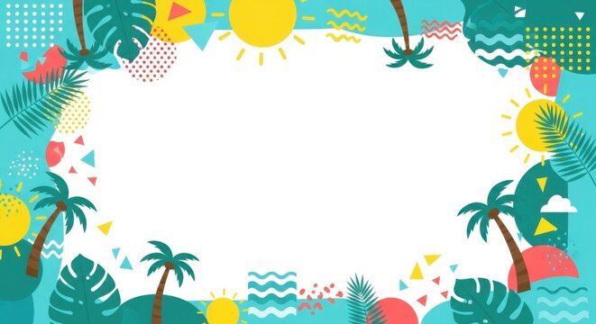 Summer vacation background with palm trees and leaves in colorful memphis style pattern.