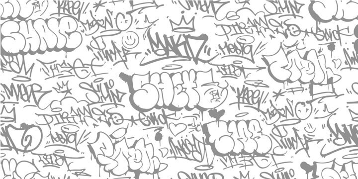 Black and white street art graffiti pattern with various tags and bubble letters