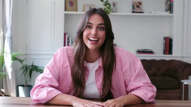Enthusiastic young woman smiling and gesturing while talking on a video conference from her home office, communicating effectively during an online meeting while sitting at her desk