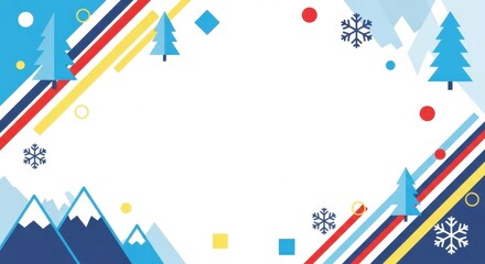 Obraz premium Winter mountain landscape background with fir trees snowflakes and diagonal line art.