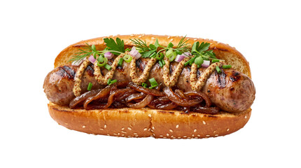 Naklejka premium Gourmet grilled bratwurst sandwich with caramelized onions and mustard, artisan hot dog on toasted bun, premium street food isolated on white
