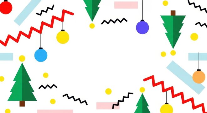 Modern christmas background with pine trees and colorful ornaments in geometric flat design.