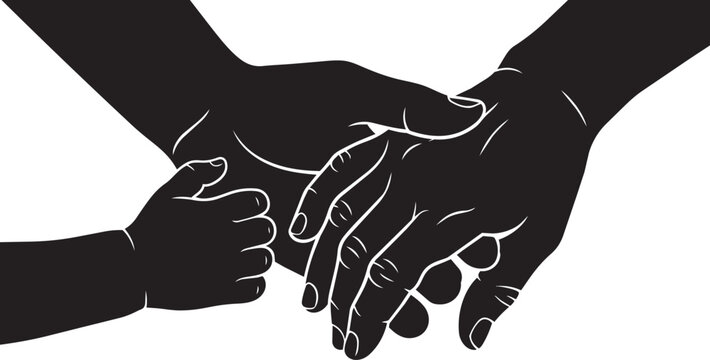 Silhouette of a small childs hand holding the hand of an adult isolated on transparent background