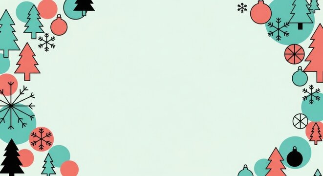 Soft winter holiday frame with christmas trees snowflakes and ornaments on pale backdrop.
