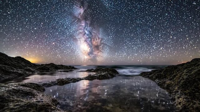 Milky Way Galaxy over Ocean and Rocky Shoreline at Night with Stars and Reflections