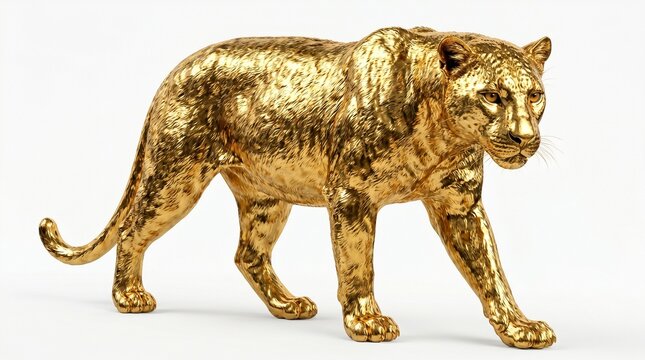 Golden leopard with reflective metallic texture and luxury editorial aesthetic. Isolated on White background