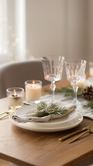 Fototapeta premium Elegant Christmas Table Setting with Candles and Greenery.