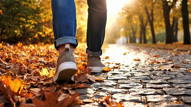 A person walks along a cobblestone and leaf-covered path during autumn, enjoying the golden sunlight and colorful trees. Perfect for themes of leisure, seasonal beauty, nature walks, and mental...