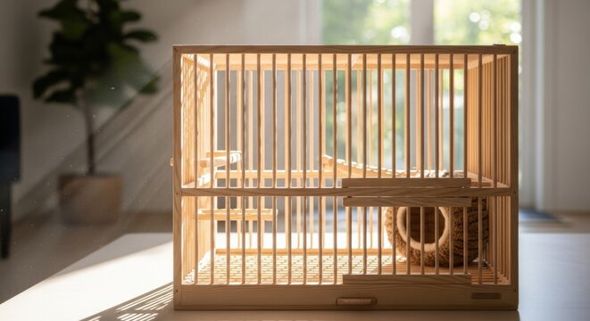 Wooden birdcage with toy inside room.