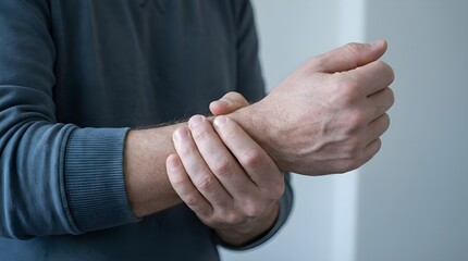 Fototapeta premium Adult person experiencing discomfort, holding their painful wrist in a close-up indoor shot, illustrating a health concern