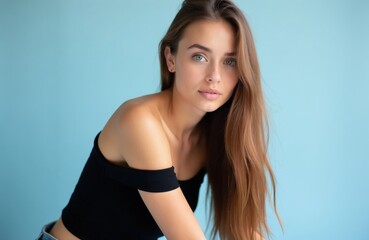 Naklejka premium Young woman with long light brown hair looks directly ahead. She wears a black off shoulder top against soft blue background. Calm expression, composed posture, studio shot.