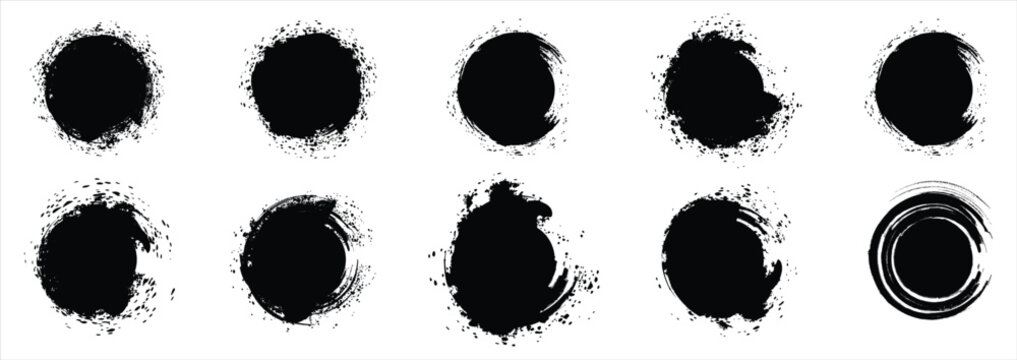 Set of black grunge circles shapes on a white background. Grunge round shapes. Japanese and chinese calligraphy round shapes. black stamp vector.
