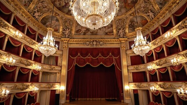 Elegant crystal chandeliers in a grand gold opera house