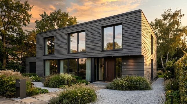 Modern residential exterior, uniform horizontal wood boards, raking shadows emphasizing board texture, black window frames