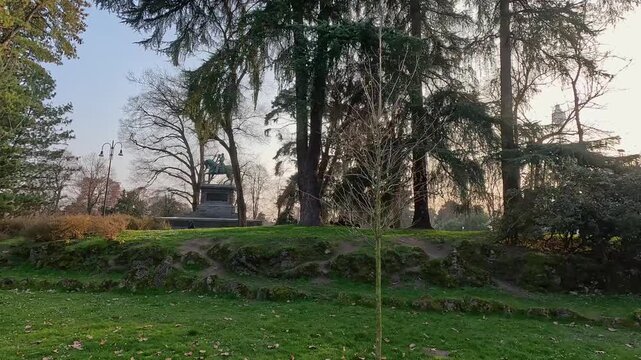 Footage of a gorgeous landscape at Parco Sempione in Milan Italy IT