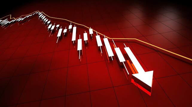 A dramatic financial chart visualization shows a declining graph with a large red arrow