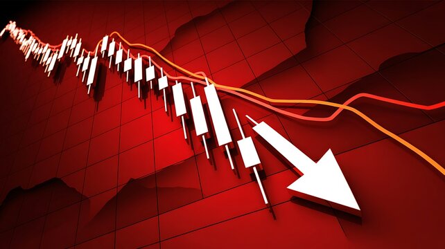 A declining financial chart visualization shows a downward trend with a large white arrow pointing downwards on a red graph background with various lines and bars.